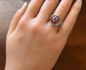 10k White Gold Ruby Diamond Cluster Cocktail Ring Sz 7