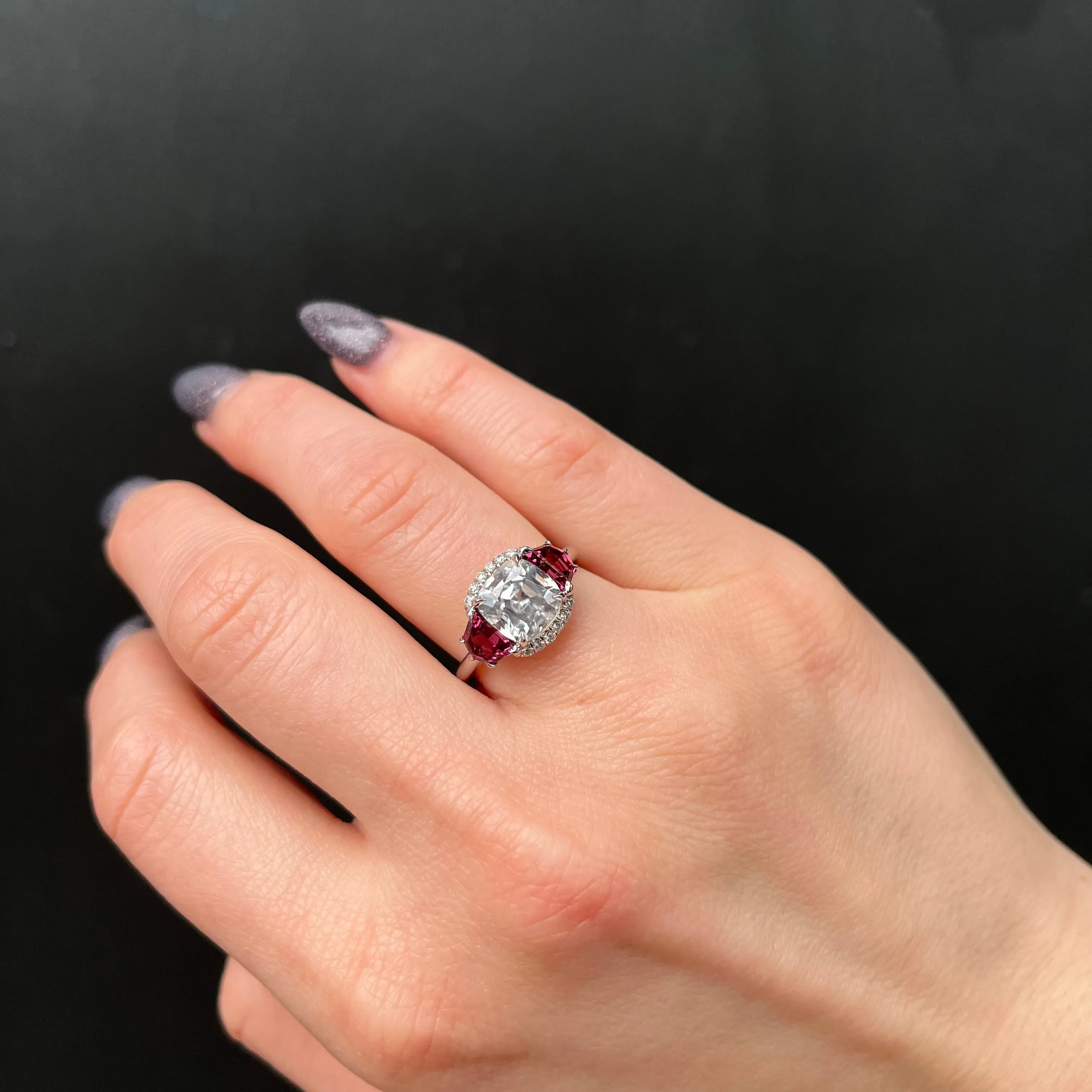 14K White Gold 3.42 Carat Zircon, Garnet, and Diamond Ring