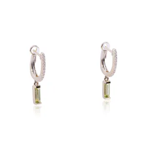14K YELLOW GOLD DIAMOND HUGGIE HOOP EARRINGS WITH BAGUETTE PERIDOT DANGLES