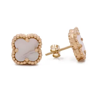 14K Yellow Gold Fashion Flower Mother of Pearl Earrings