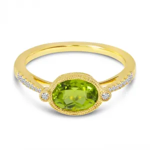 14k Yellow Gold Peridot and 0.11 Ct Diamond Ring