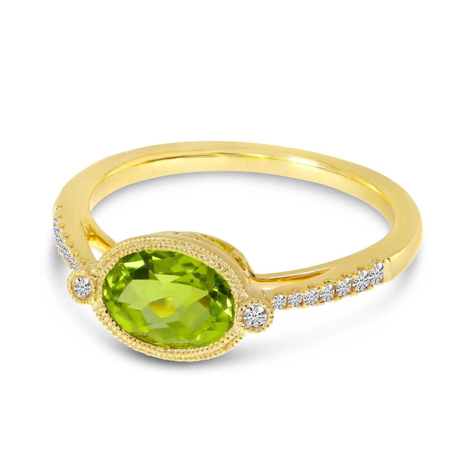 14k Yellow Gold Peridot and 0.11 Ct Diamond Ring