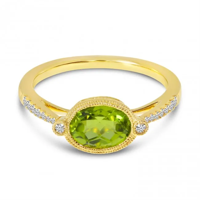 14k Yellow Gold Peridot and 0.11 Ct Diamond Ring