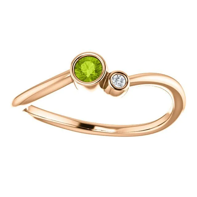 14KT GOLD 0.13 CT PERIDOT & 0.02 CTW DIAMOND BEZEL-SET 2 STONE RING