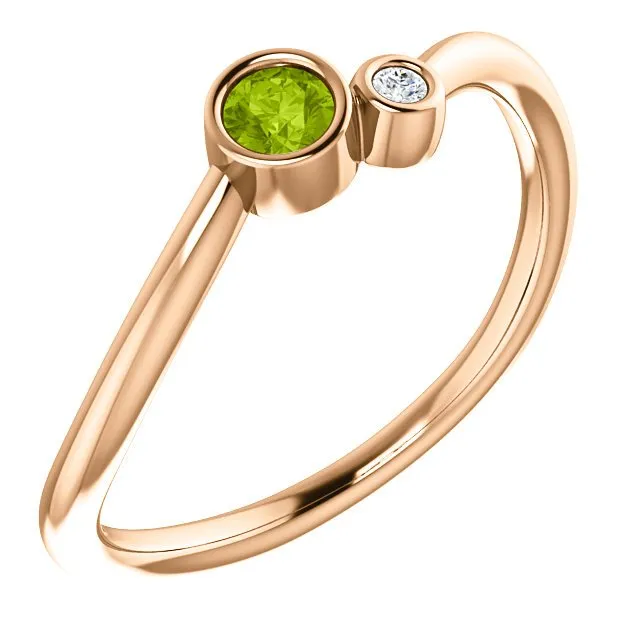 14KT GOLD 0.13 CT PERIDOT & 0.02 CTW DIAMOND BEZEL-SET 2 STONE RING
