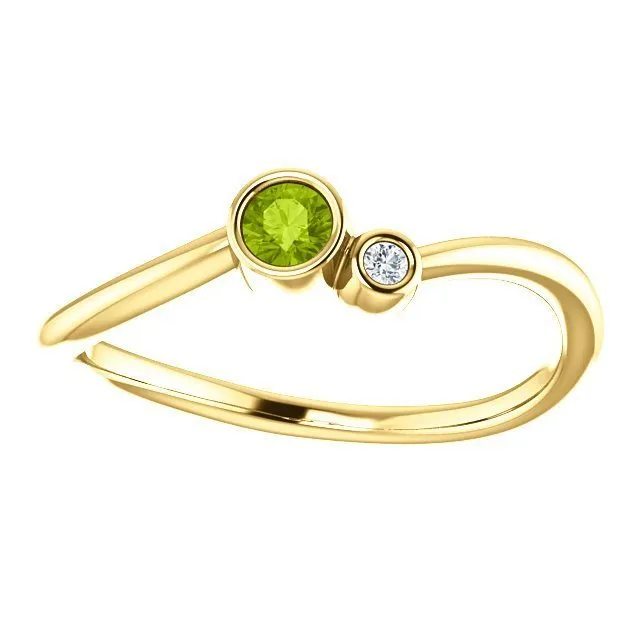 14KT GOLD 0.13 CT PERIDOT & 0.02 CTW DIAMOND BEZEL-SET 2 STONE RING