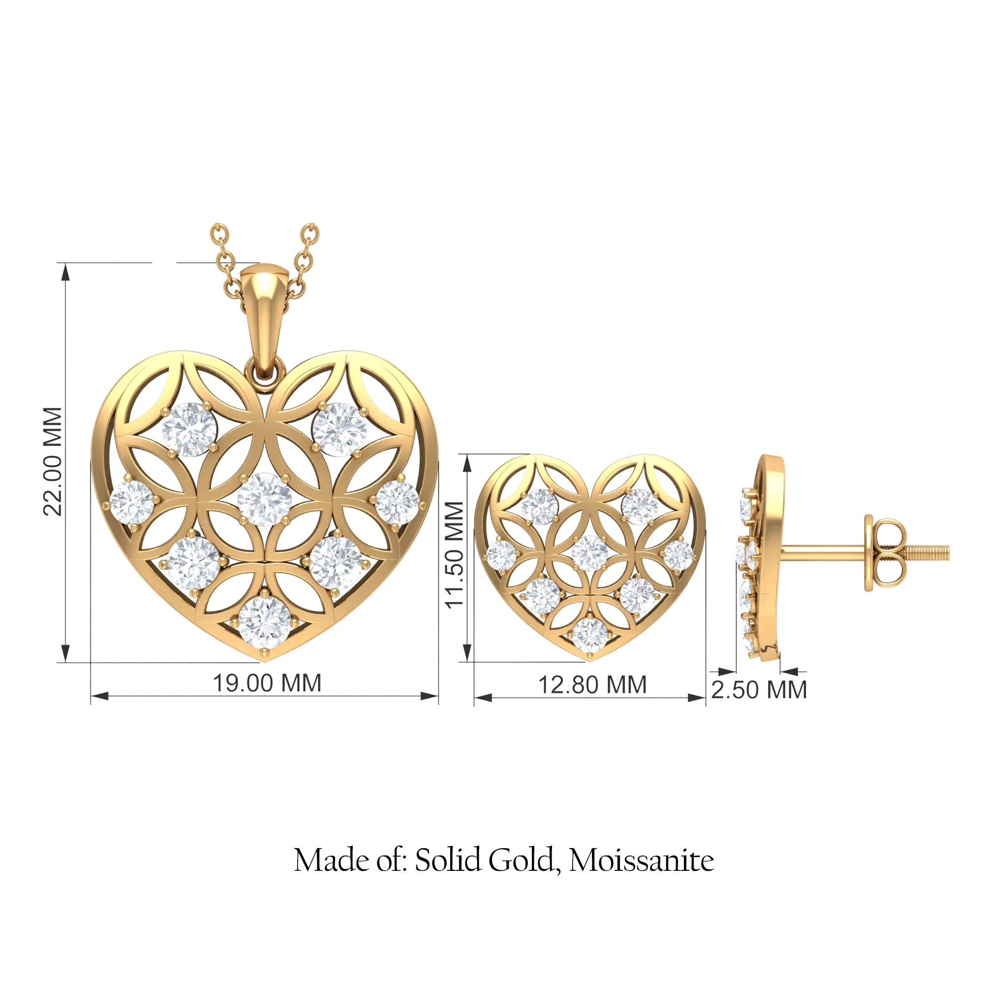 1.50 CT Zircon Heart Jewelry Set with Gold Cut Out Work
