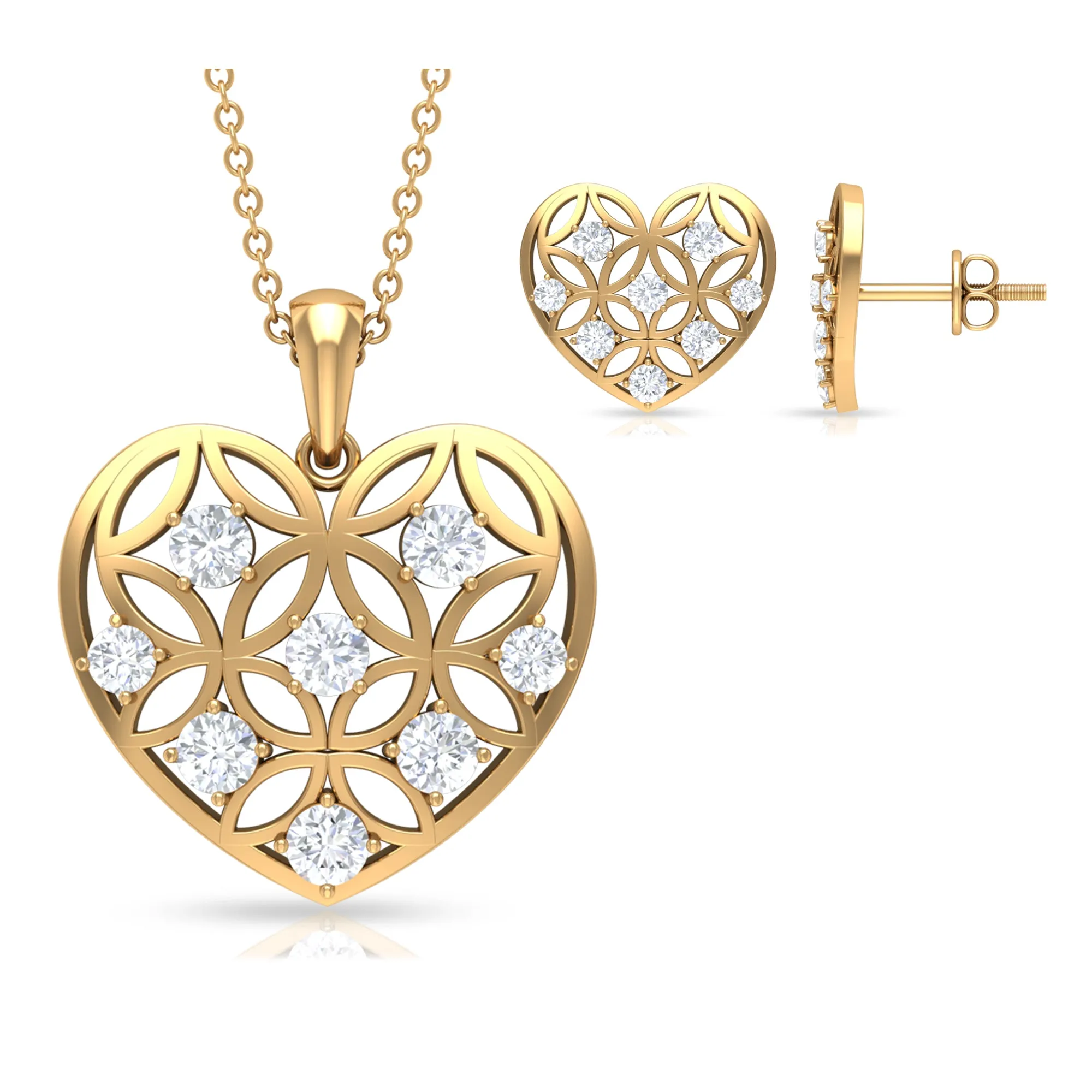 1.50 CT Zircon Heart Jewelry Set with Gold Cut Out Work