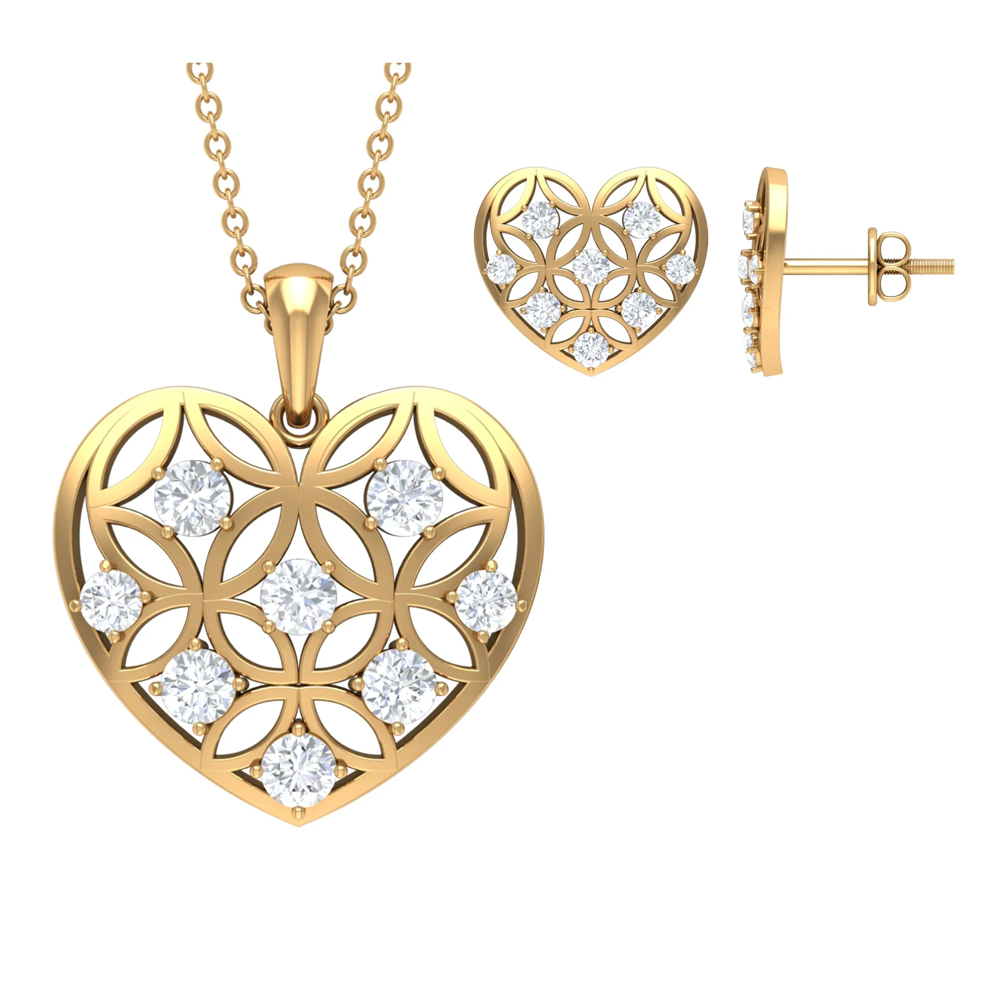 1.50 CT Zircon Heart Jewelry Set with Gold Cut Out Work
