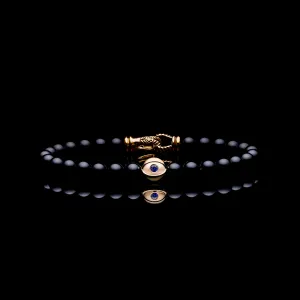 18k Gold Evil Eye Bracelet | Onyx Beaded Bracelet In Laurel Clasp