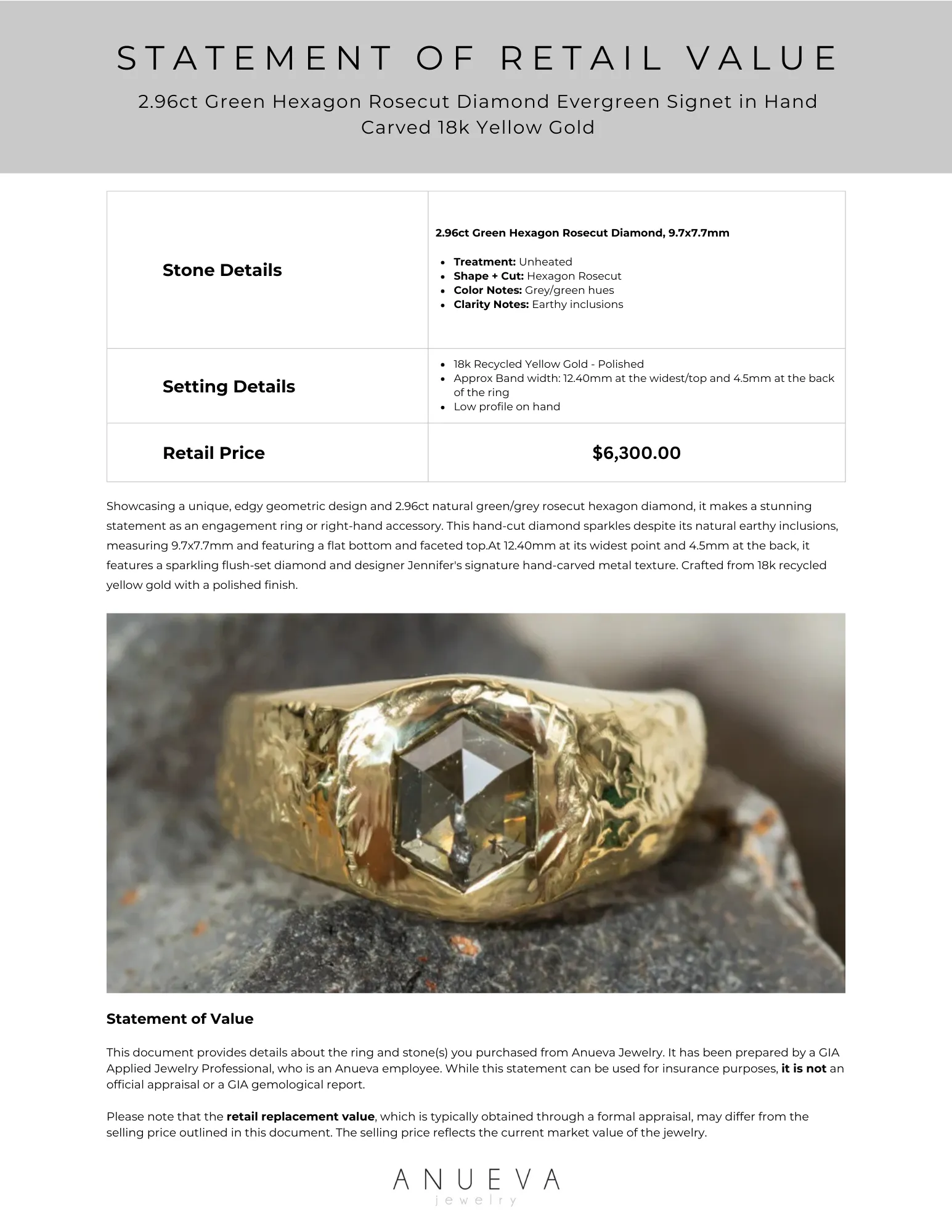 2.96ct Green Hexagon Rosecut Diamond Evergreen Signet in Hand Carved 18k Yellow Gold