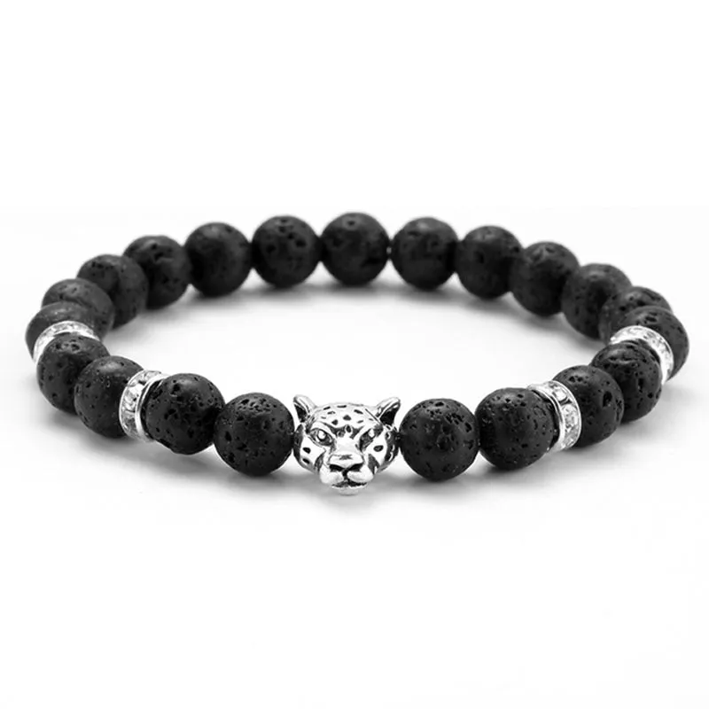 8mm Volcanic Stone Onyx Alloy Leopard Head Beaded Bracelet