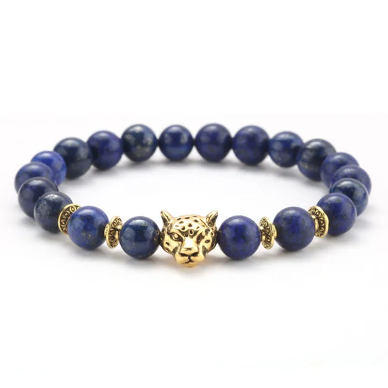 8mm Volcanic Stone Onyx Alloy Leopard Head Beaded Bracelet