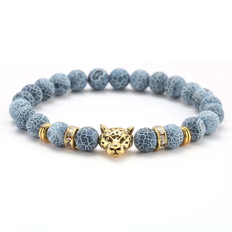 8mm Volcanic Stone Onyx Alloy Leopard Head Beaded Bracelet