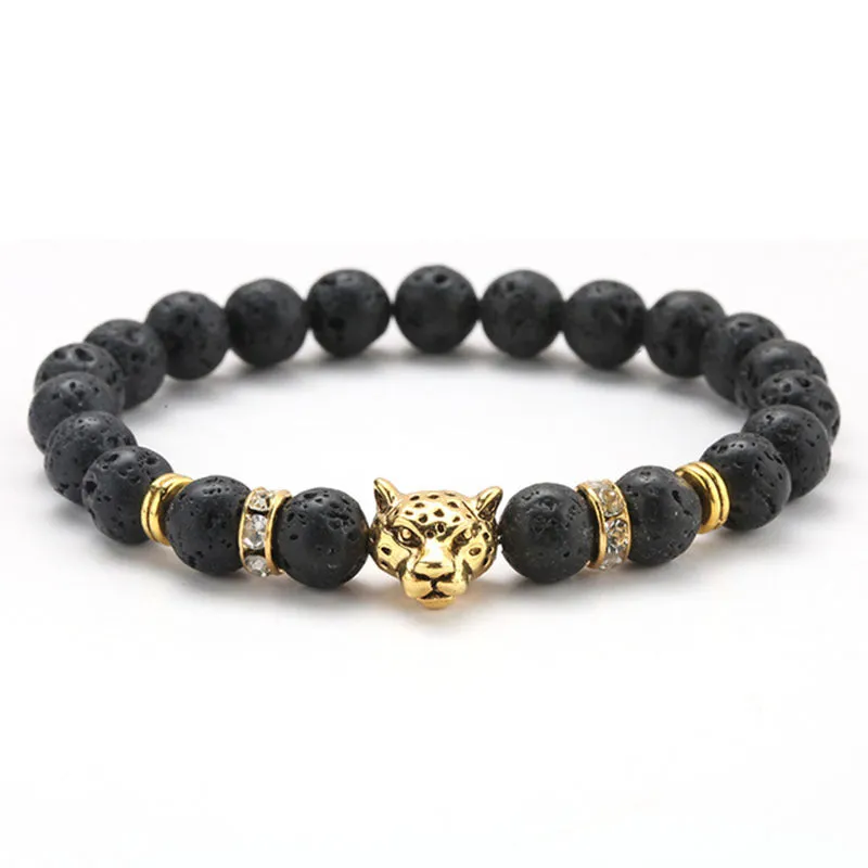 8mm Volcanic Stone Onyx Alloy Leopard Head Beaded Bracelet