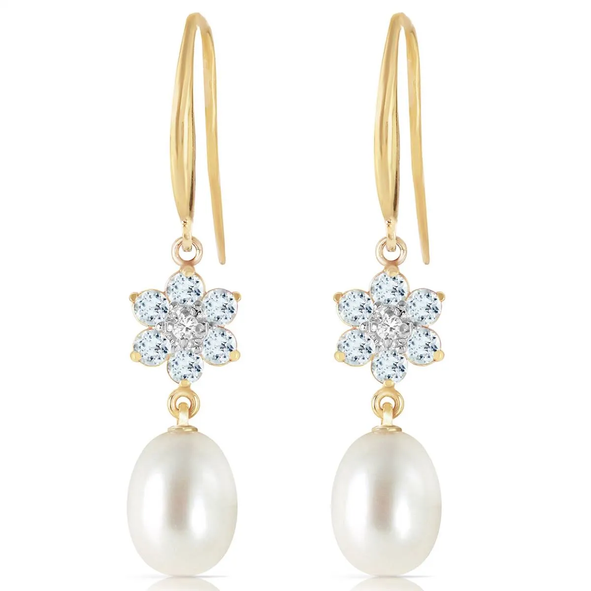 9.01 Carat 14K Solid Yellow Gold Fish Hook Earrings Diamond, Aquamarine Pear