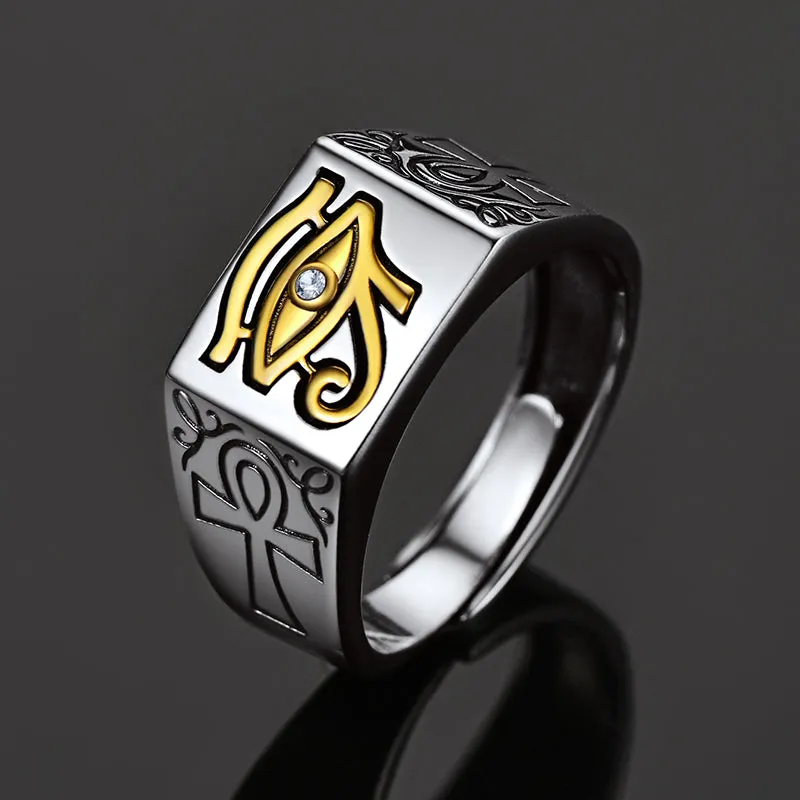 925 Sterling Silver Eye of Horus Ring with Ankh for Men