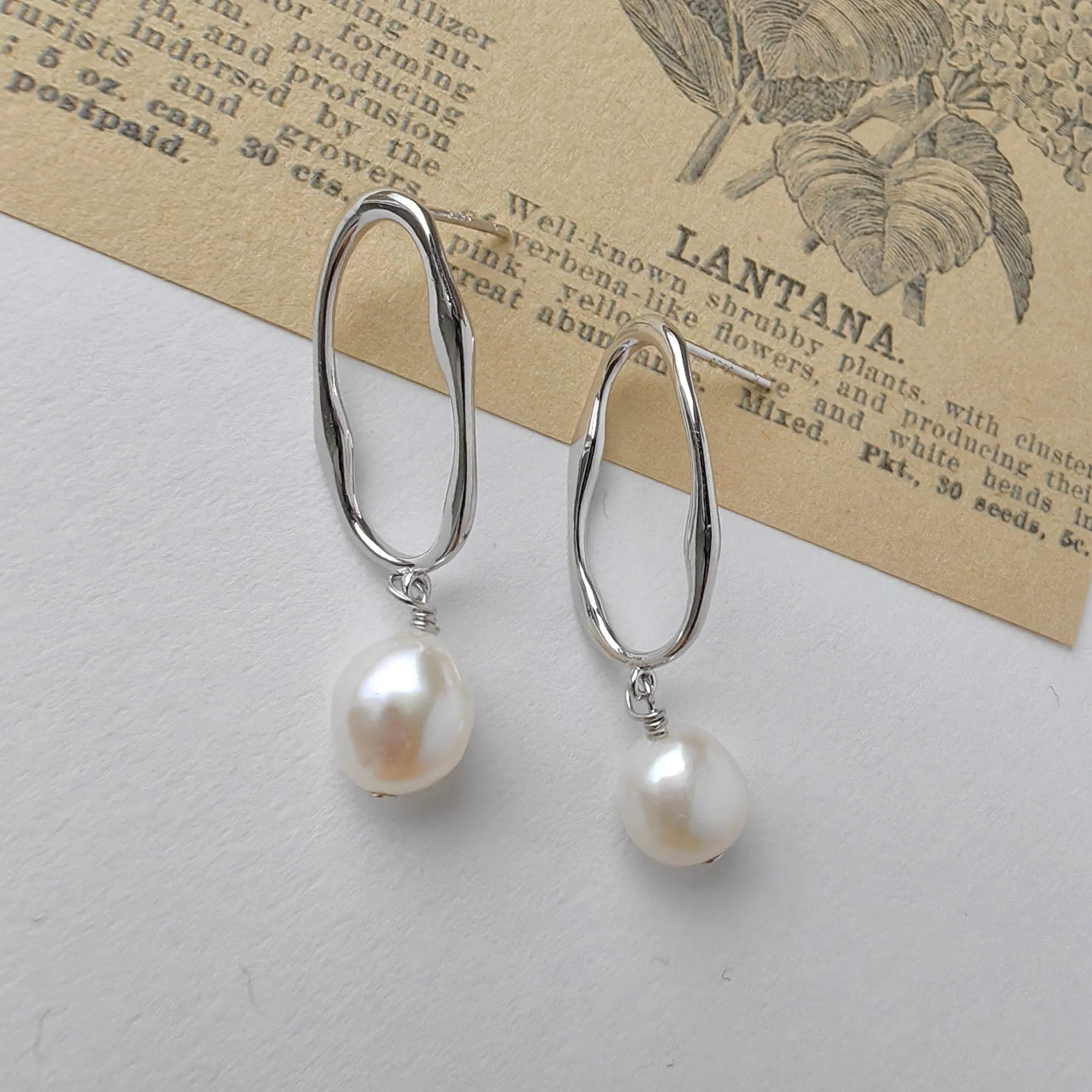 925 Sterling Silver Long Oval Earrings with Pearls