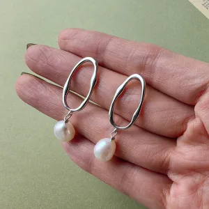 925 Sterling Silver Long Oval Earrings with Pearls