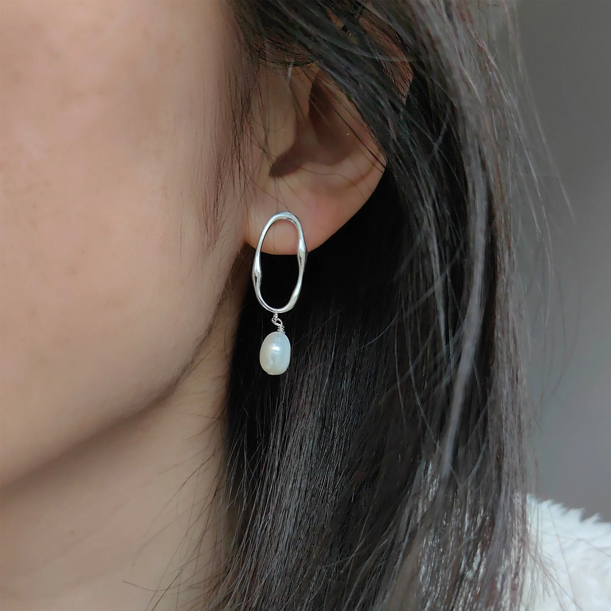 925 Sterling Silver Long Oval Earrings with Pearls