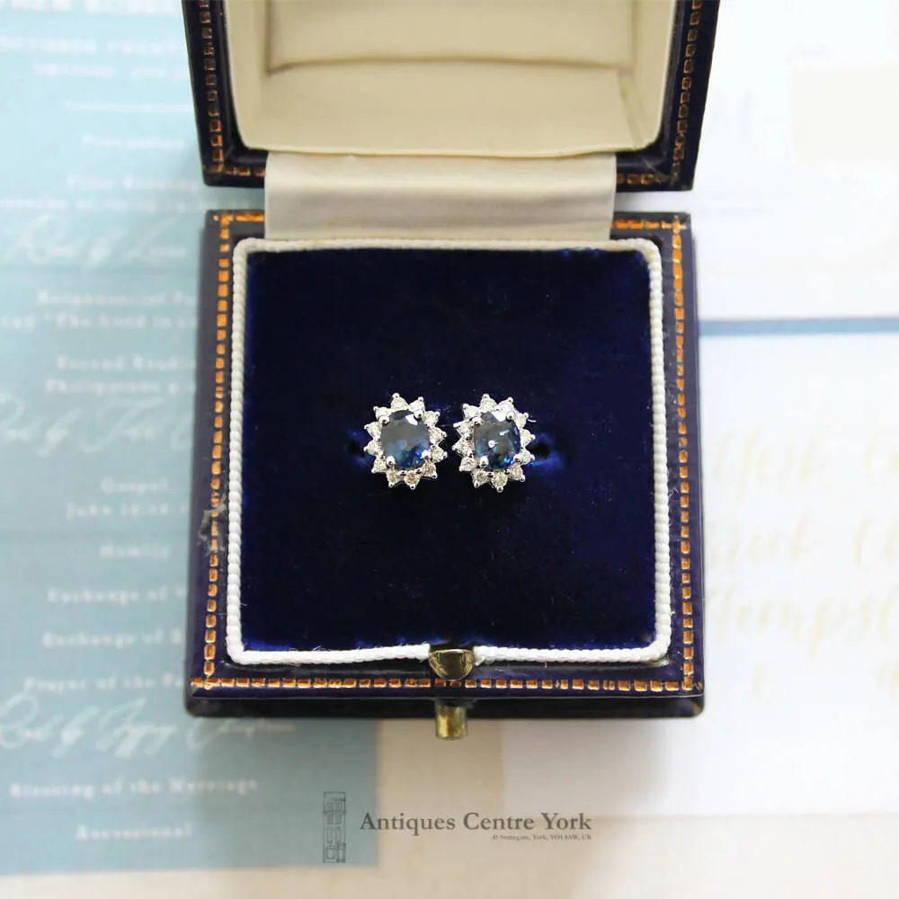 9ct White Gold Sapphire & Diamond Oval Cluster Earrings