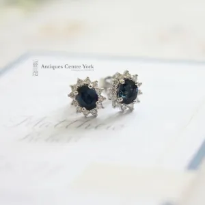 9ct White Gold Sapphire & Diamond Oval Cluster Earrings