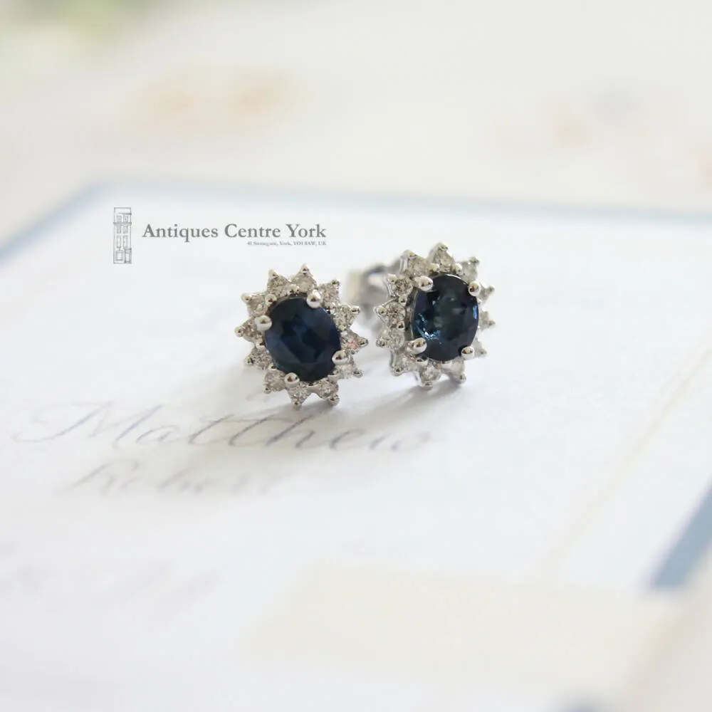 9ct White Gold Sapphire & Diamond Oval Cluster Earrings