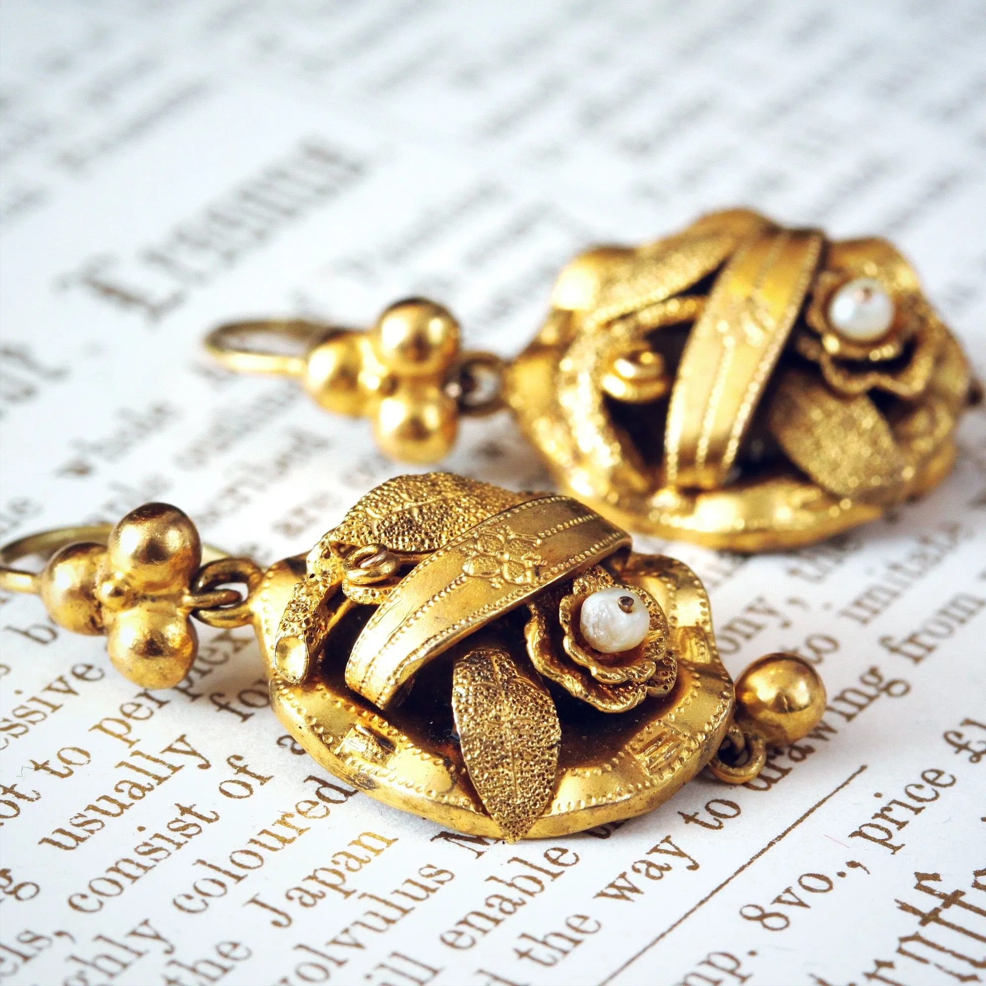 Adorable Circa 1860's Floral Pinchbeck Drop Earrings