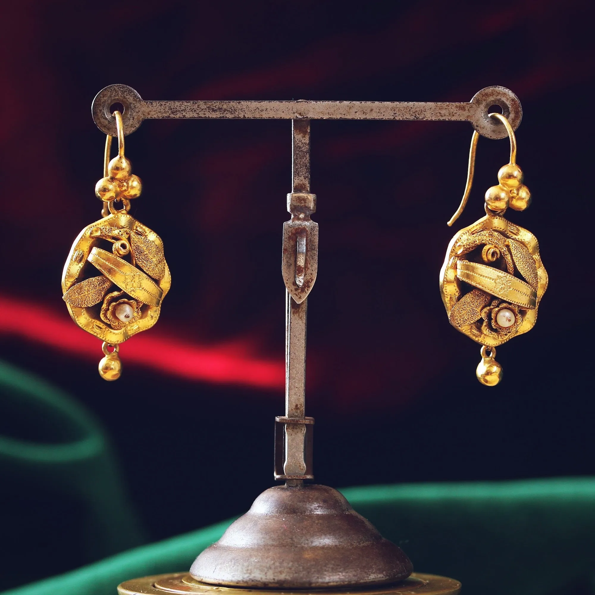 Adorable Circa 1860's Floral Pinchbeck Drop Earrings
