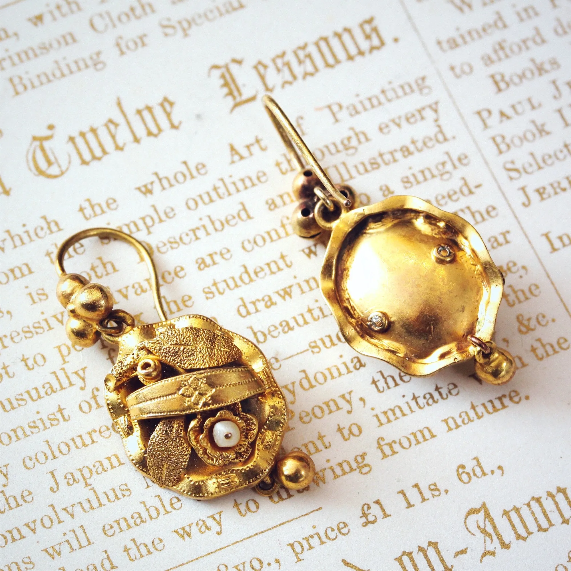 Adorable Circa 1860's Floral Pinchbeck Drop Earrings