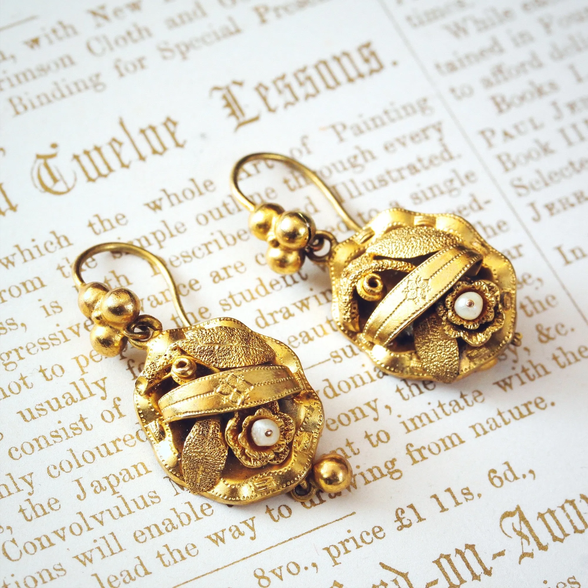 Adorable Circa 1860's Floral Pinchbeck Drop Earrings