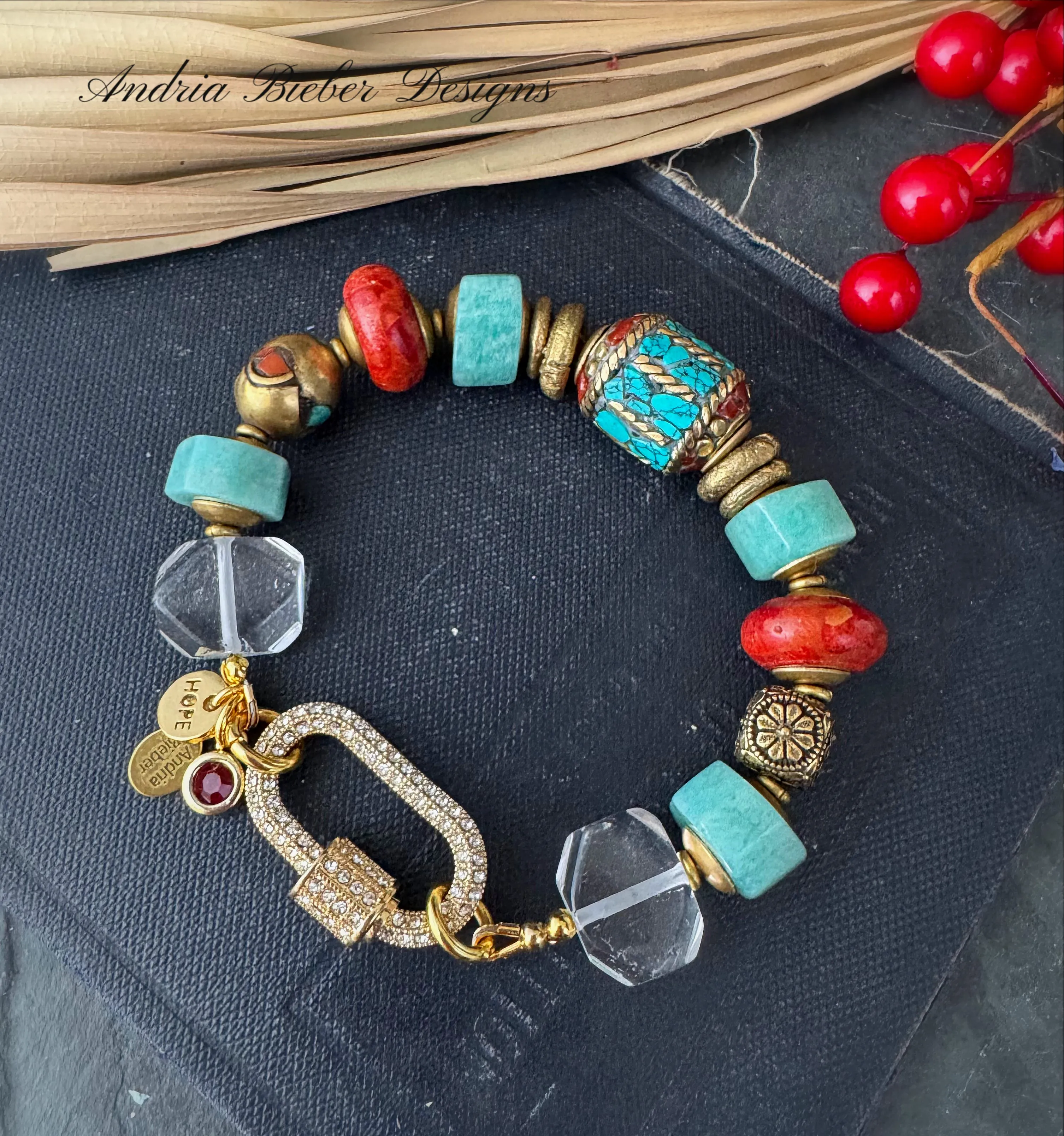 Amazonite stone, quartz stone, nepal beads, red coral, detailed brass beads, rhinestone clasp, bracelet.
