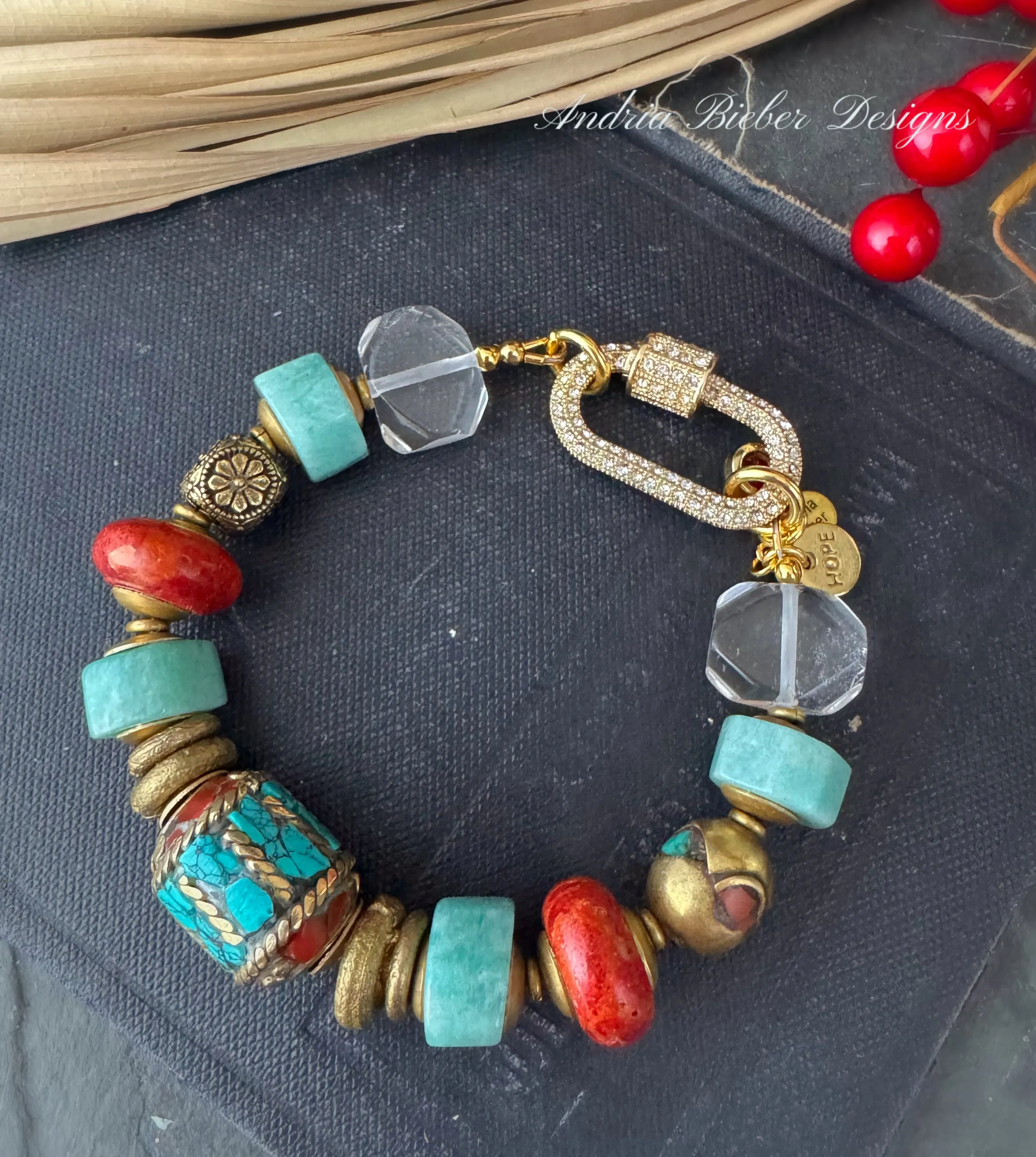 Amazonite stone, quartz stone, nepal beads, red coral, detailed brass beads, rhinestone clasp, bracelet.