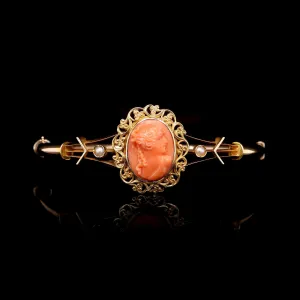 Antique 14K Yellow Gold Estate Coral Cameo Bangle
