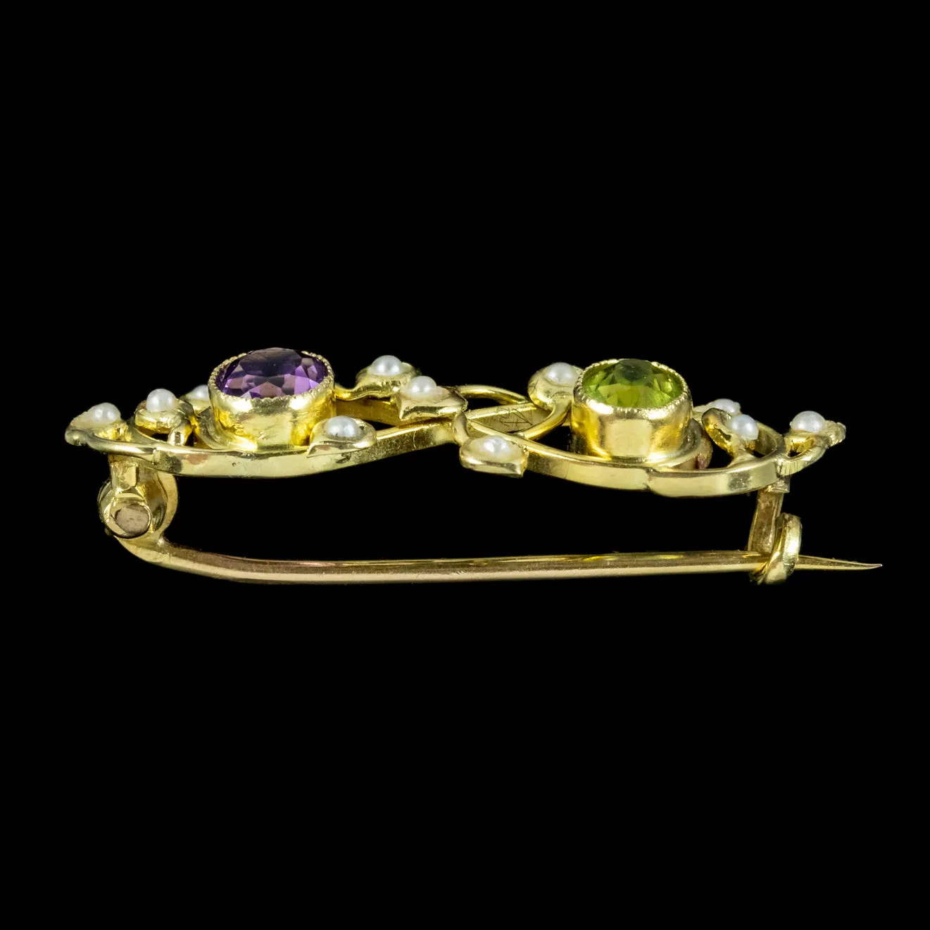 Antique Edwardian Suffragette Brooch Amethyst Pearl Peridot 18Ct Gold Circa 1910