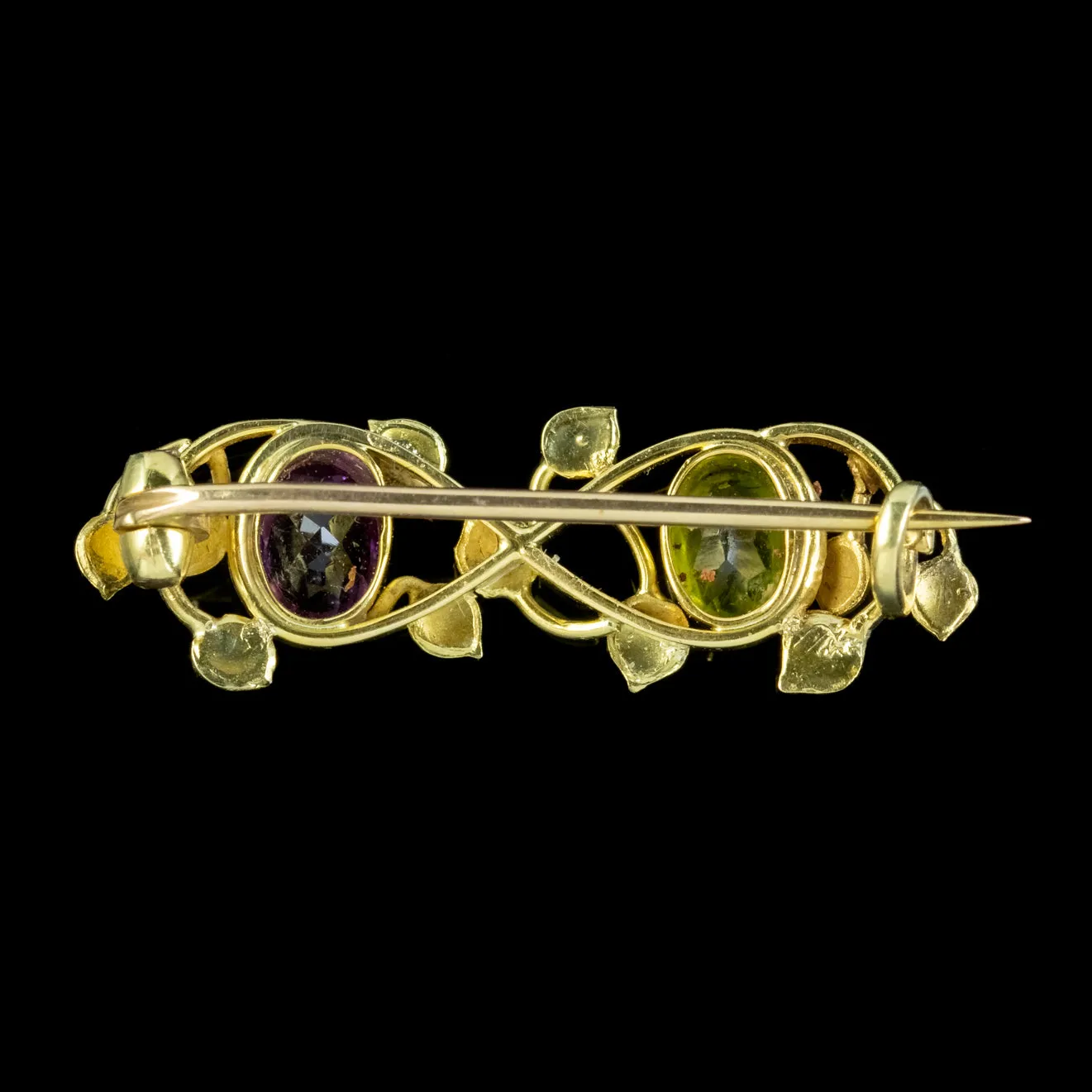 Antique Edwardian Suffragette Brooch Amethyst Pearl Peridot 18Ct Gold Circa 1910