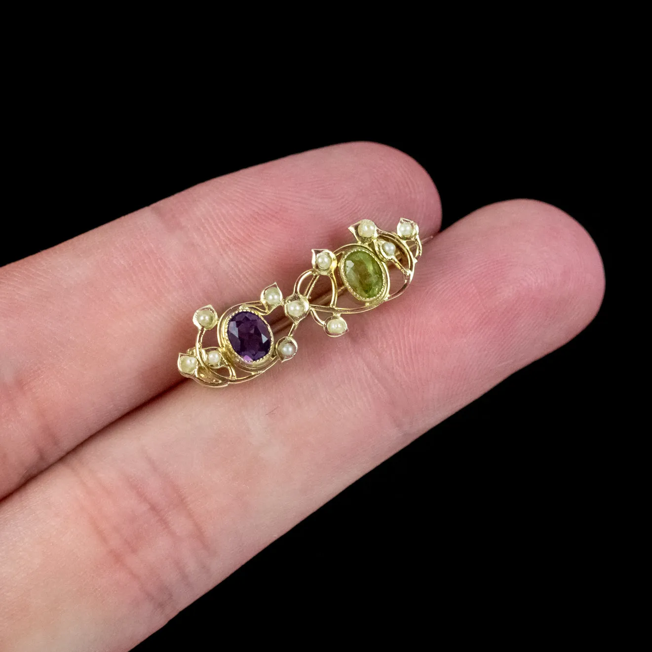 Antique Edwardian Suffragette Brooch Amethyst Pearl Peridot 18Ct Gold Circa 1910