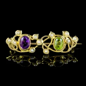 Antique Edwardian Suffragette Brooch Amethyst Pearl Peridot 18Ct Gold Circa 1910