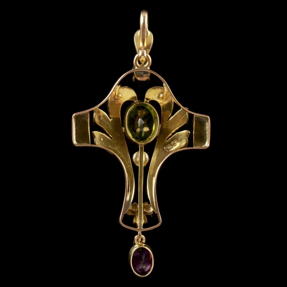 Antique Edwardian Suffragette Pendant Peridot Pearl Amethyst Circa 1910