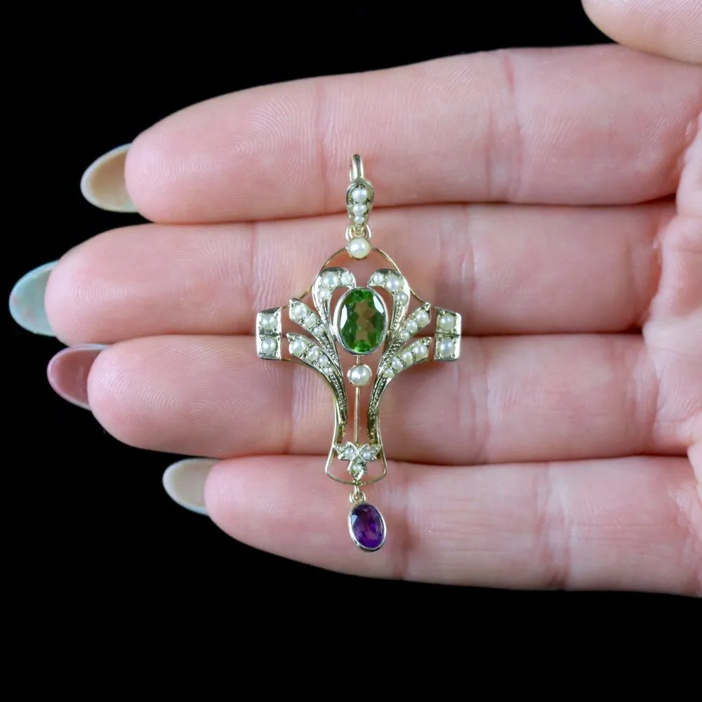 Antique Edwardian Suffragette Pendant Peridot Pearl Amethyst Circa 1910