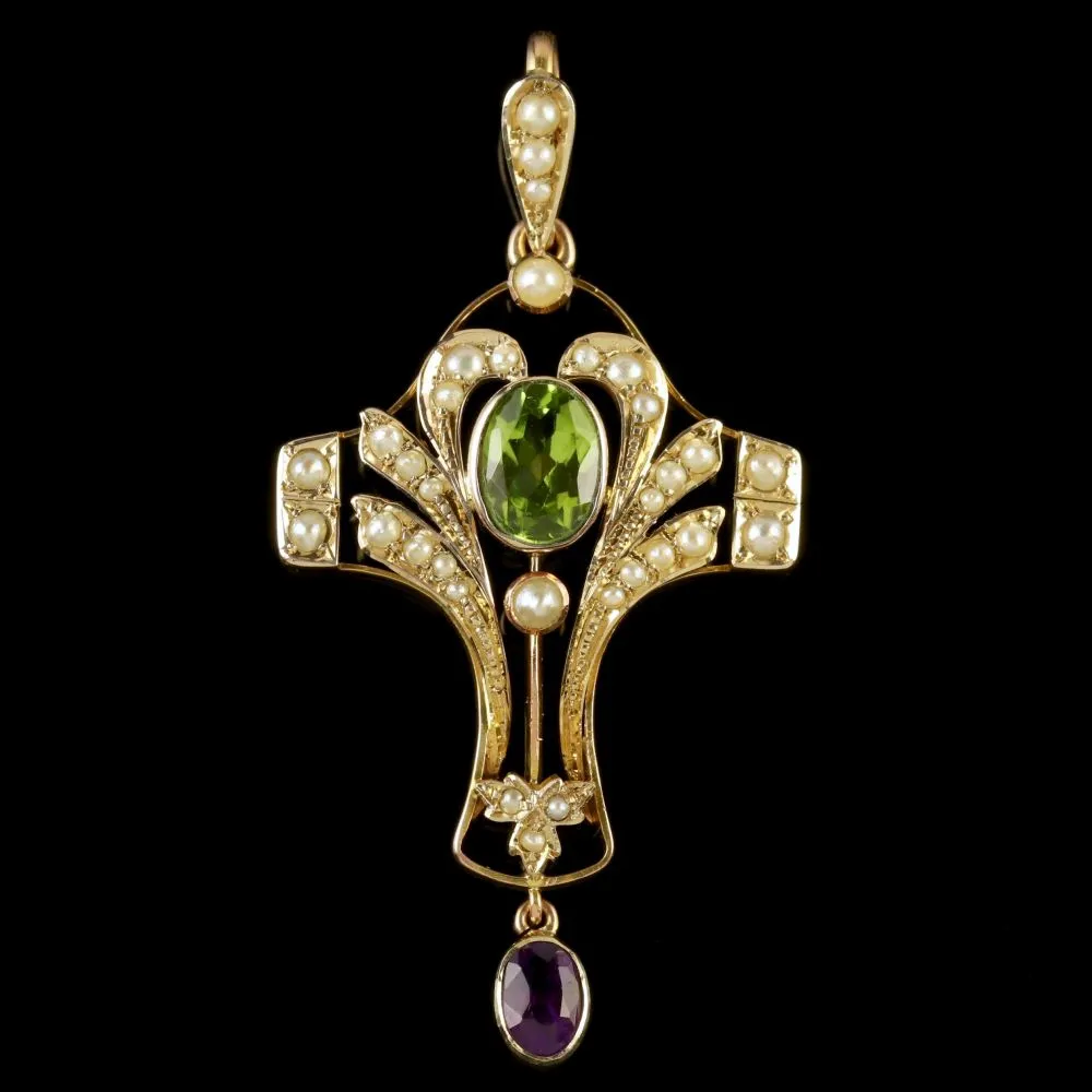 Antique Edwardian Suffragette Pendant Peridot Pearl Amethyst Circa 1910