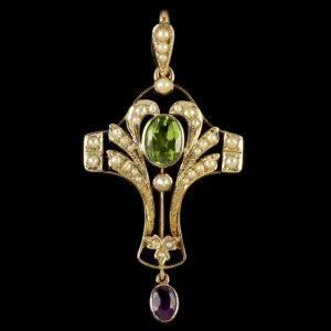Antique Edwardian Suffragette Pendant Peridot Pearl Amethyst Circa 1910