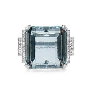 Aquamarine Cocktail Ring, Brilliant Cut Diamond 2 Row Shoulders