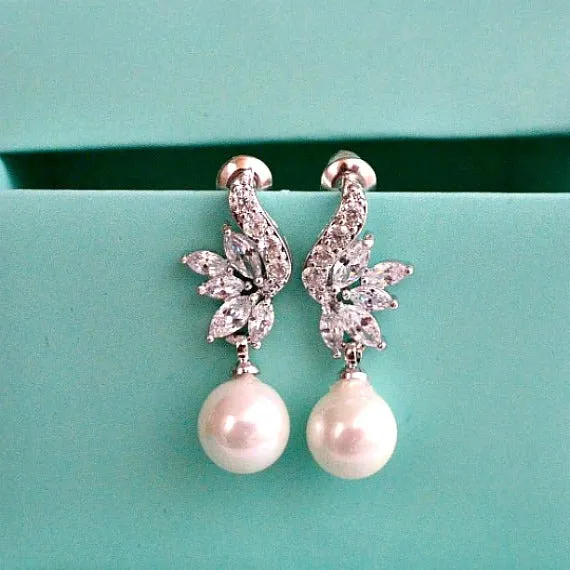 Art Deco Cubic Zirconia Crystal Pearl Drop Bridal Earrings. CZ Pearl Wedding Earrings. Dangling Pearl Stud Earrings. Bridesmaid Earrings