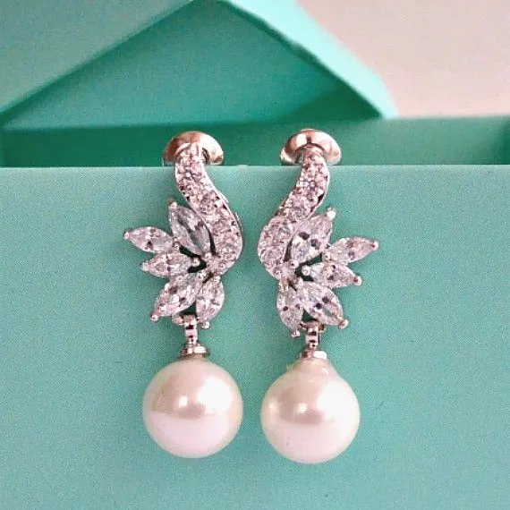 Art Deco Cubic Zirconia Crystal Pearl Drop Bridal Earrings. CZ Pearl Wedding Earrings. Dangling Pearl Stud Earrings. Bridesmaid Earrings