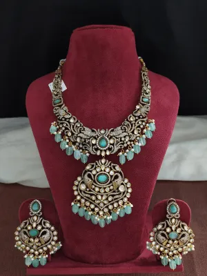 Beautiful Long Set In Victorian Style With Monzonite Stones And Onyx Beads
