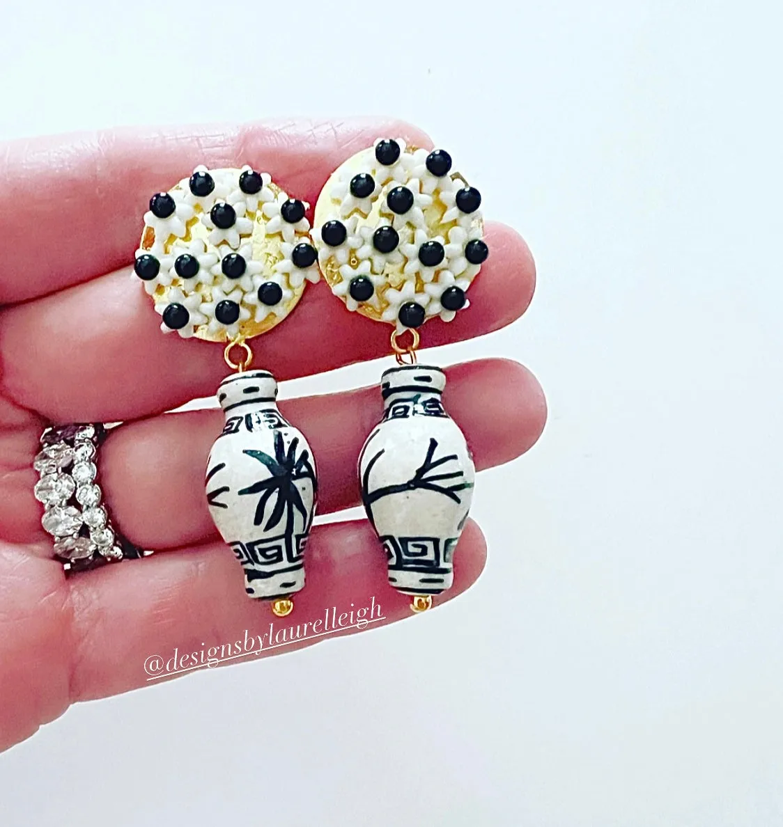 Black Chinoiserie Floral Ginger Jar Earrings