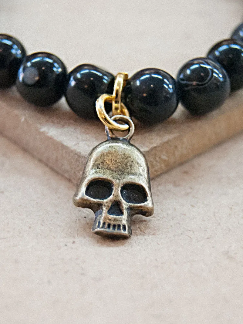 Black Onyx Mala Bracelet with Skull Charm