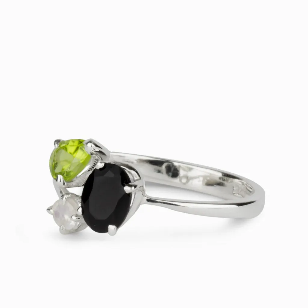 Black Onyx, Peridot & Rainbow Moonstone Ring