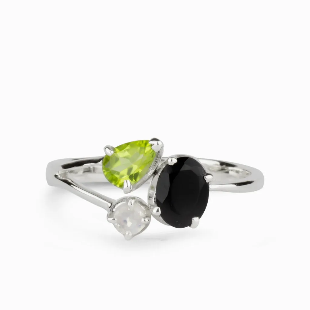 Black Onyx, Peridot & Rainbow Moonstone Ring